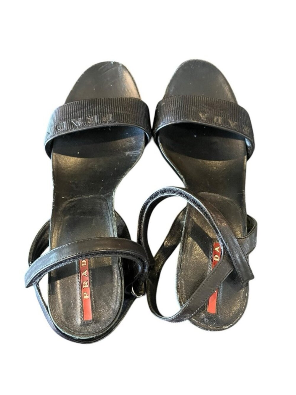 Prada Ladies Size 7.5 Black Leather Platform Sandals Block Heel  Ankle Strap Vtg - Picture 5 of 15